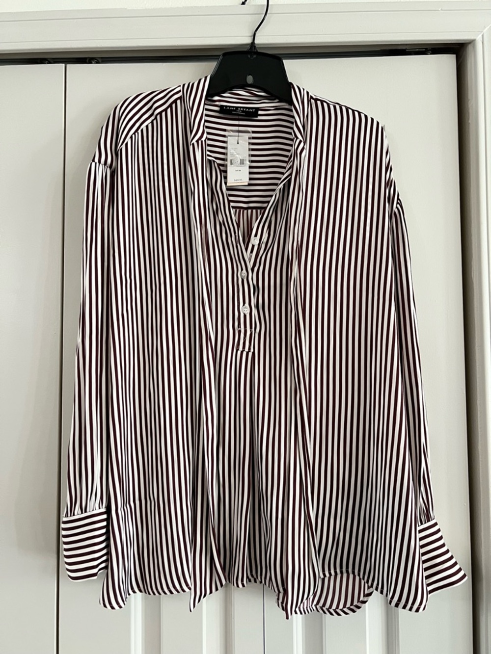 Lane Bryant Burgundy and White Striped Button-Down Shirt